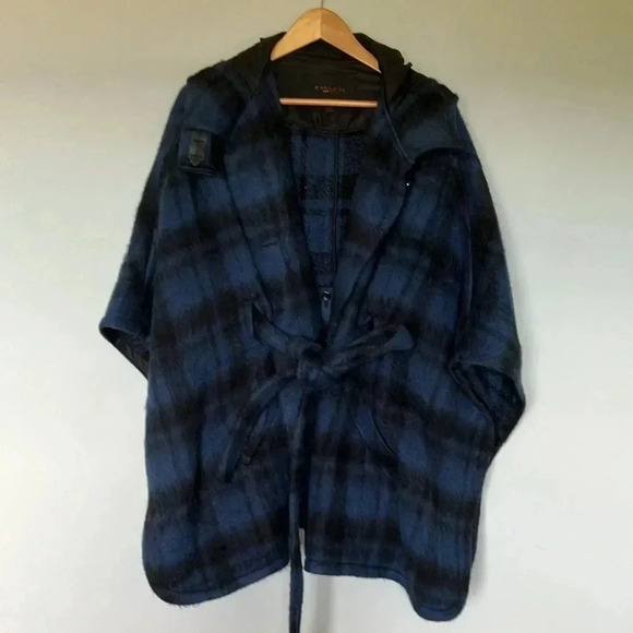 Coach New York blue black plaid wool alpaca cape belted belt hooded  hood jacket - Picture 3 of 11